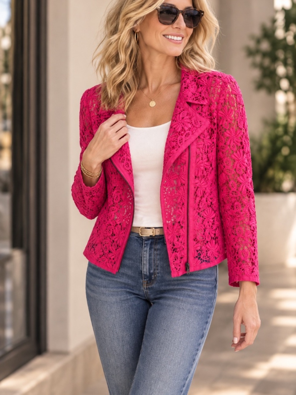 T Tahari Fuchsia Floral Lace Moto Jacket